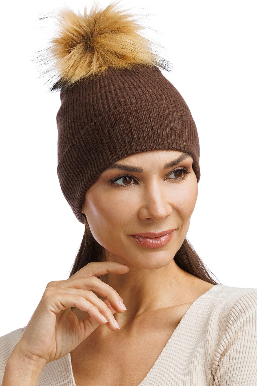 9981 100% Cashmere Cuffed Pom Beanie with Faux Fur; Ultra Soft